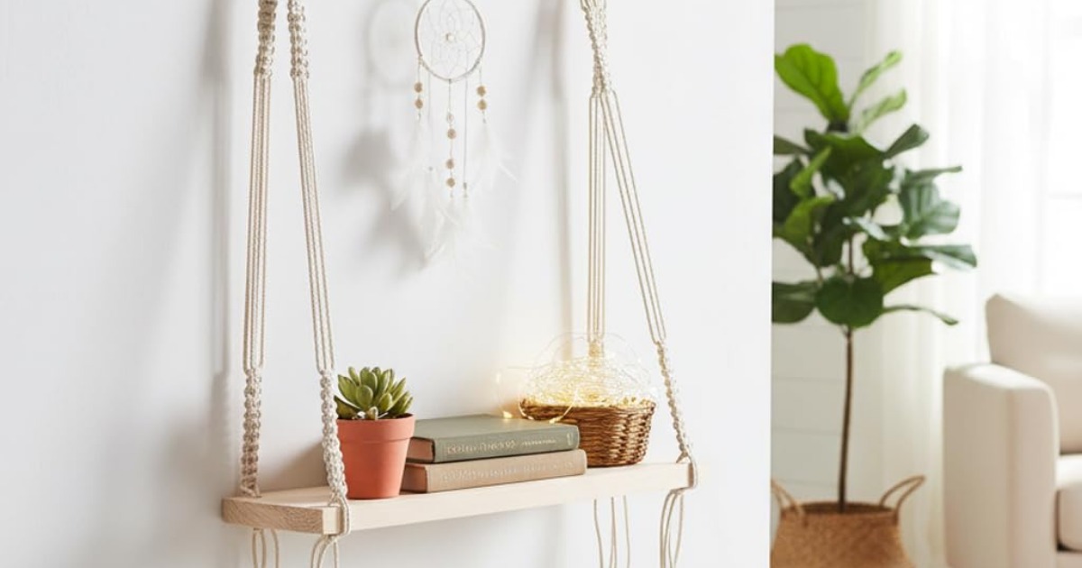 Decazone ® Macramé Wall Hanging Shelf Pine Wood Floating Shelve with Wooden Dowel, image 2