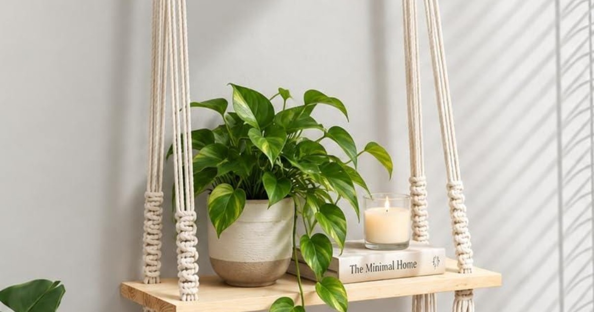 Decazone ® Macramé Wall Hanging Shelf Pine Wood Floating Shelve with Wooden Dowel
