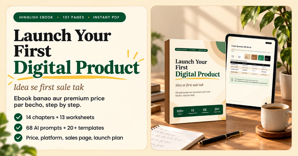 Launch Your First Digital Product | Hinglish Ebook Guide + Workbook | 101 Pages A4 PDF | 68 AI Prompts, Templates, Checklists