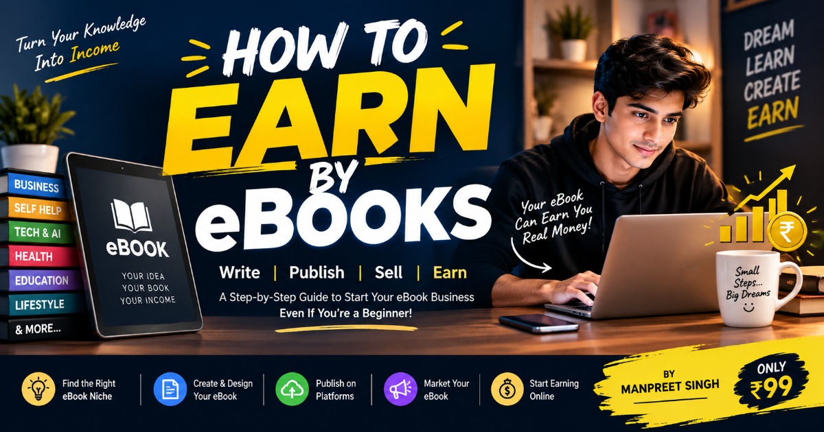 Learn how to create, design, publish, and sell your own eBooks with this beginner-friendly Hinglish guide. Includes practical examples, pricing tips, Instagram and WhatsApp marketing strategies, a First-Sale Worksheet, and a 7-Day Launch Plan.
