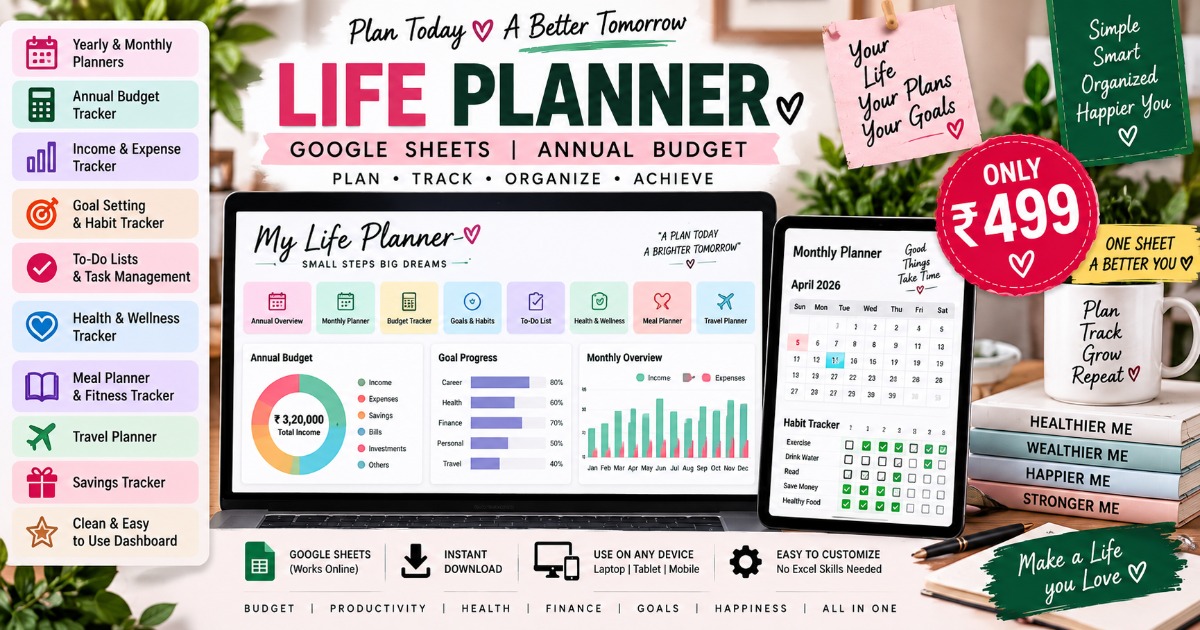 Life Planner Google Sheets | Annual Budget, Monthly Planner, Goal & Habit Tracker, Income & Expense Tracker | Personal Life Organizer | Digital Template