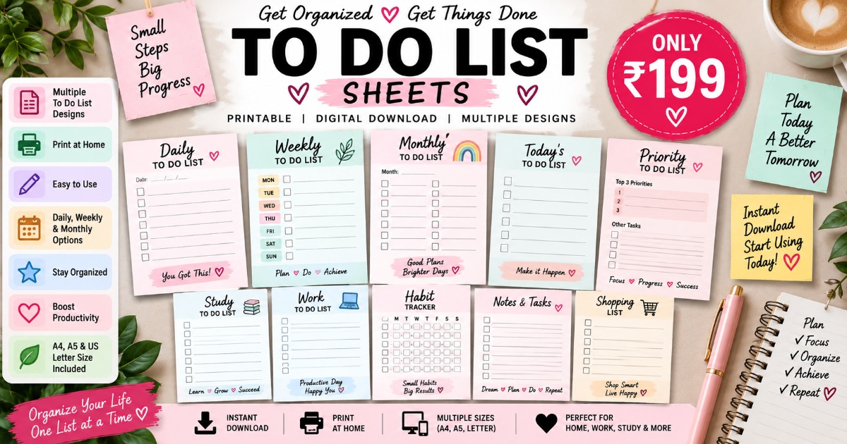 To-Do List Sheets Printable | Daily, Weekly & Monthly Planner | Productivity Checklist | Task Planner | Instant Digital Download | Printable PDF