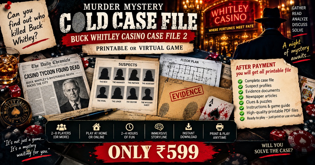 Murder Mystery Cold Case File | Buck Whitley Casino Case File 2 | Printable & Virtual Detective Game | Crime Investigation Party Game | Instant Download