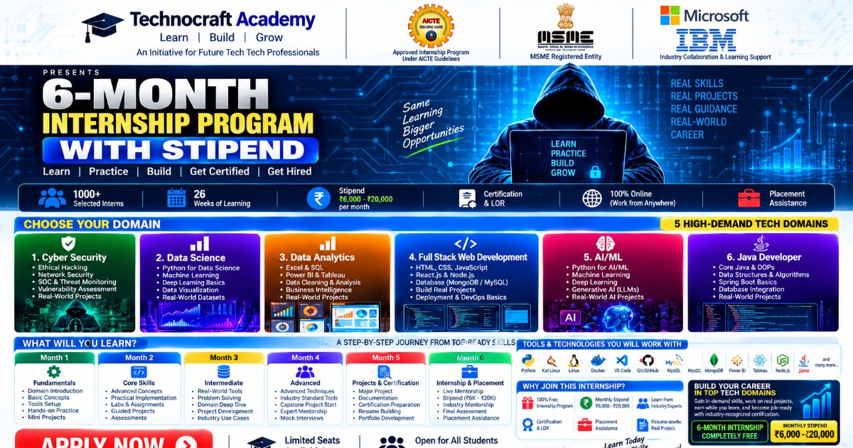 🚀 6-Month Tech Internship Program 2026 – Become Job Ready  Build practical, industry-relevant skills through a 6-month online tech internship program designed for college students, freshers, and aspiring tech professionals.  🎯 Choose Your Domain  🔐 Cyb