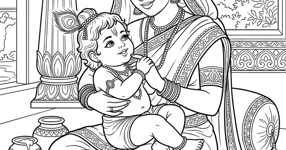 Discover a beautiful collection of Krishna-themed coloring pages inspired by the playful adventures, divine stories, and peaceful moments of Lord Krishna., image 3