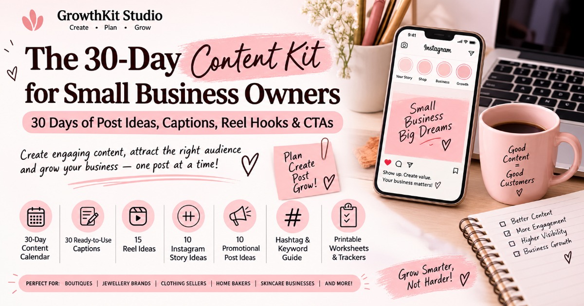 The 30-Day Content Kit for Small Business Owners | Instagram Content Calendar, Ready-to-Use Captions, Reel Ideas & Marketing Planner Ebook