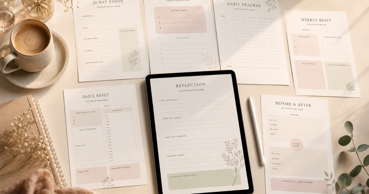 30 Days to Reset β Editable Interactive Digital Life Planner | Daily Planner, Habit Tracker, Journal, Goal Setting, Calendar & Self-Growth Dashboard