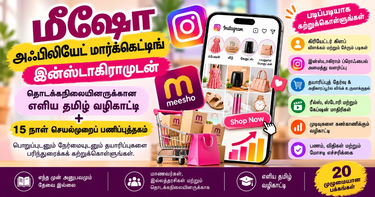 மீஷோ அஃபிலியேட் மார்க்கெட்டிங் இன்ஸ்டாகிராமுடன்: தொடக்கநிலையினருக்கான எளிய தமிழ் வழிகாட்டி + 15 நாள் செயல்முறைப் பணிப்புத்தகம்