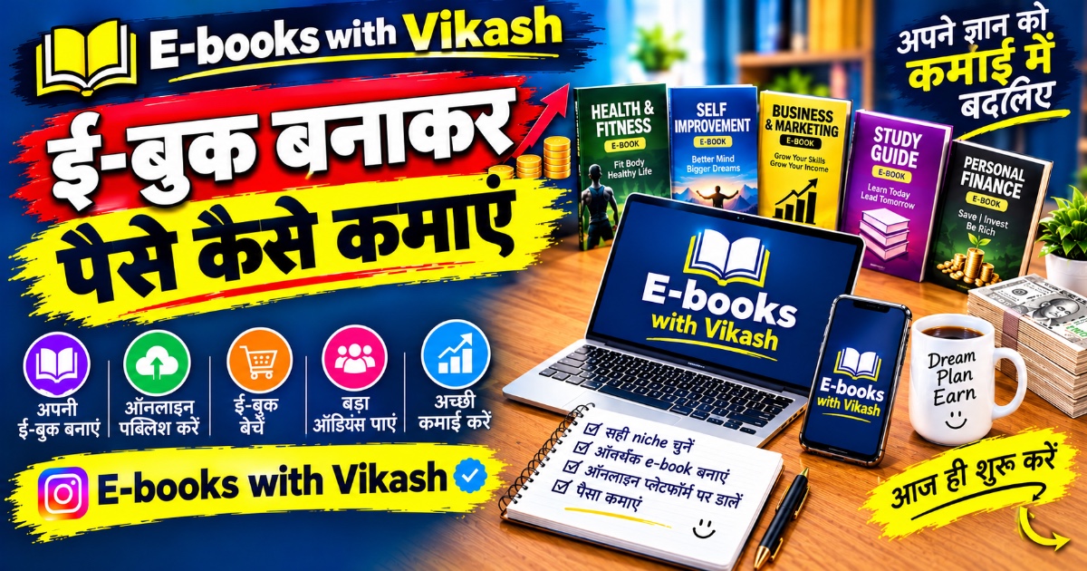 📘 E-BOOKS VIKASH  Learn to Create & Sell E-books Online 🚀  अपनी पहली E-book बनाना सीखें और Online Selling की शुरुआत करें!  क्या आप AI की मदद से अपनी E-book बनाना और इंटरनेट पर बेचना सीखना चाहते हैं?  यह गाइड आपको E-book बनाने से लेकर उसकी ऑनलाइन मार्केट